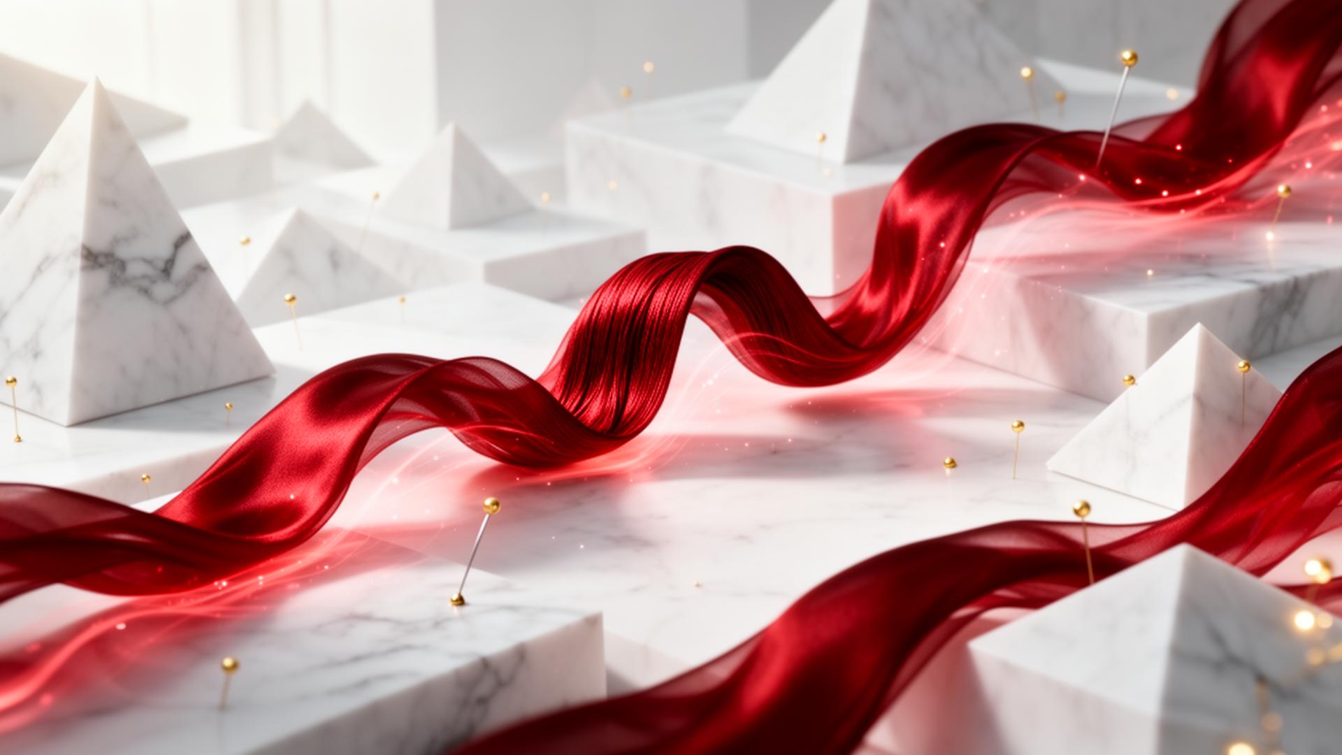 Crimson silk threads weaving through pristine white marble — a metaphor for tailored strategy